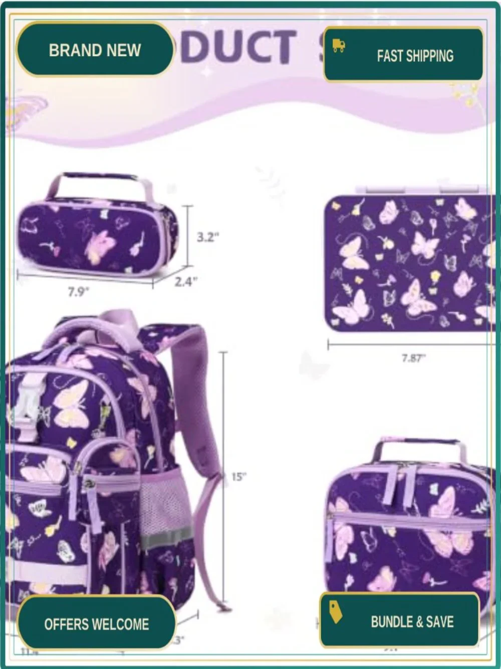 Kids Luminous Backpack Set with Bento Box Lunch Bag Pencil Case